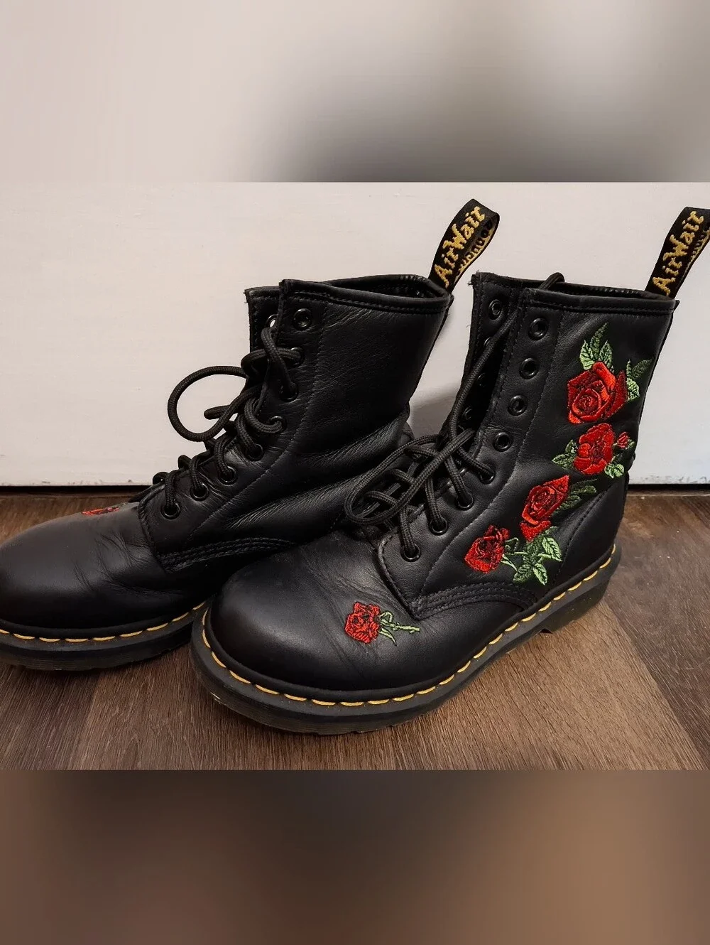Dr. Martens Black Leather  Lace-Up Boots with Red Rose Embroidery
